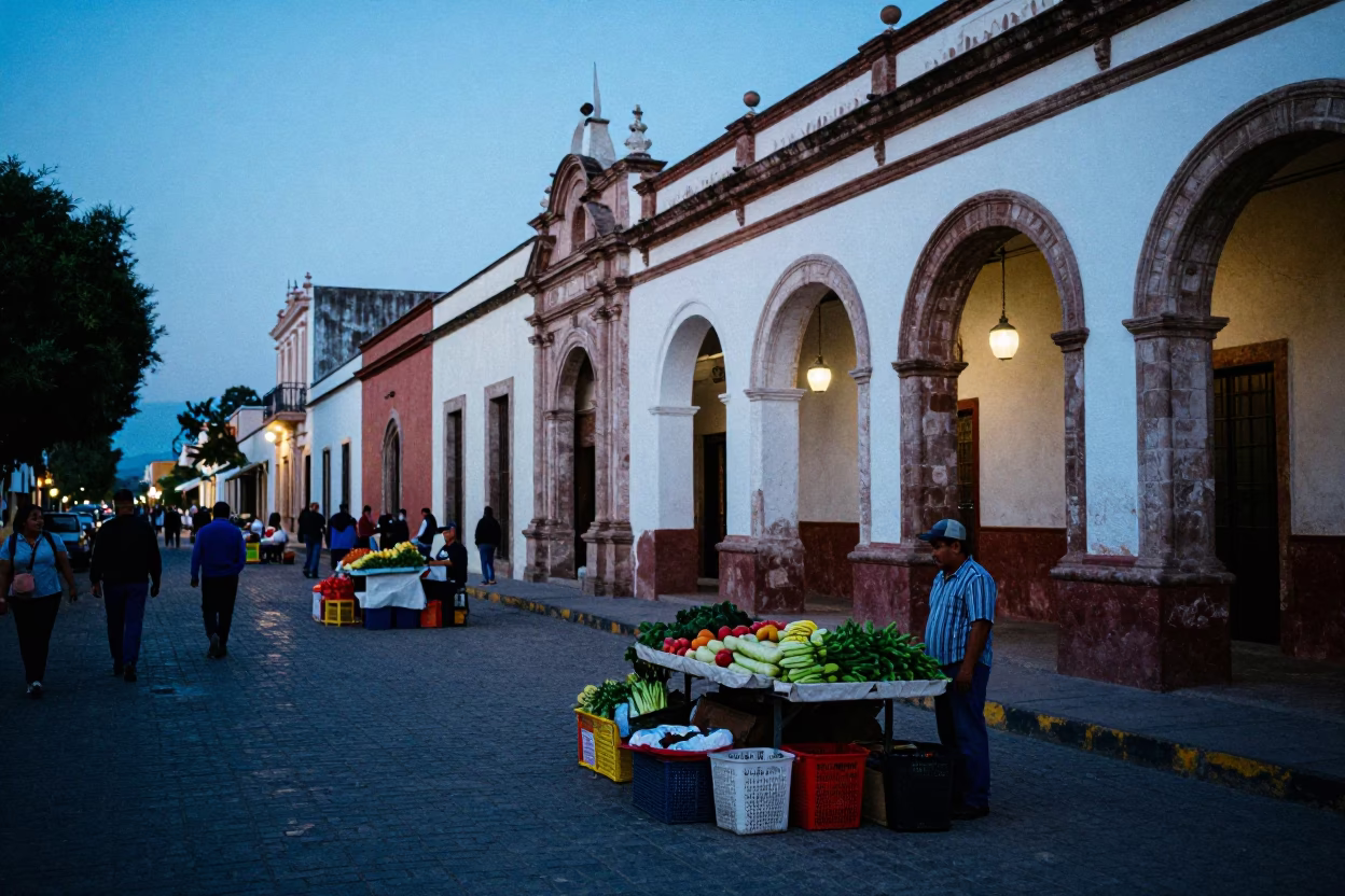 Merida Mexico Evening Street Scene with Traditional Market Goods and Colonial Architecture in in Merida, Mexico