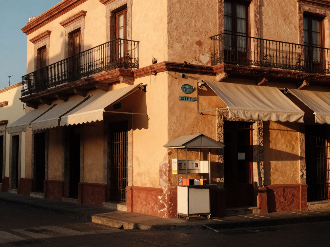 Merida Mexico Evening Street Scene with Valet Stand and Hotel Awning Reflections in in Merida, Mexico