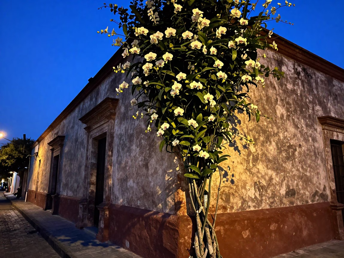 Merida Mexico Evening Street Scene with Vanilla Orchid Climbing Pole in Blue Light in in Merida, Mexico