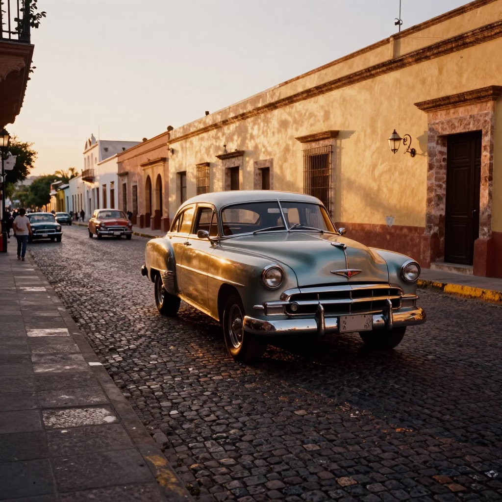 Merida Mexico Evening Street Scene with Vintage Car and Local Saucers in in Merida, Mexico