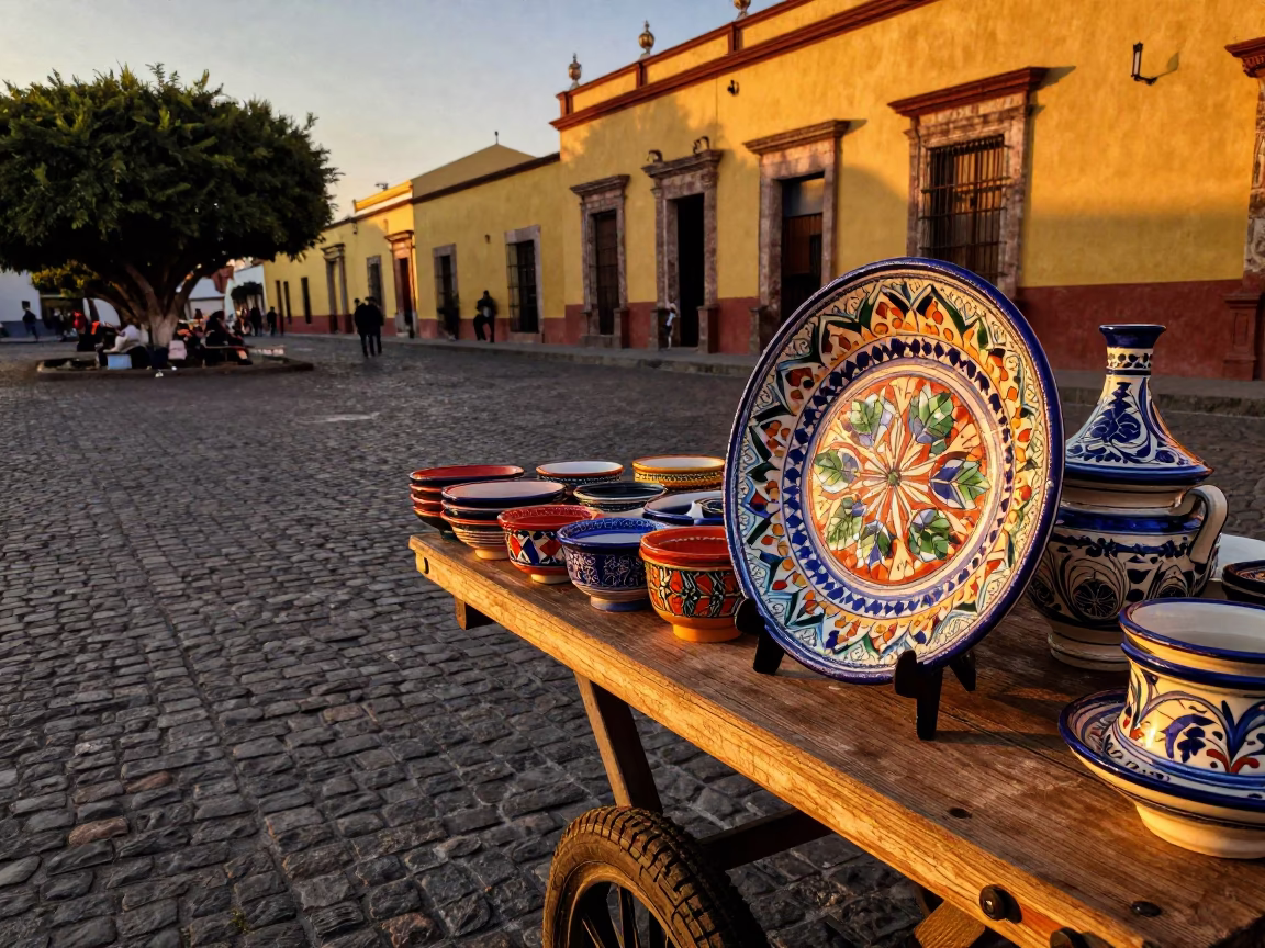 Merida Mexico Evening Street Scene with Vintage Majolica Plate and Beaded Sandals in in Merida, Mexico
