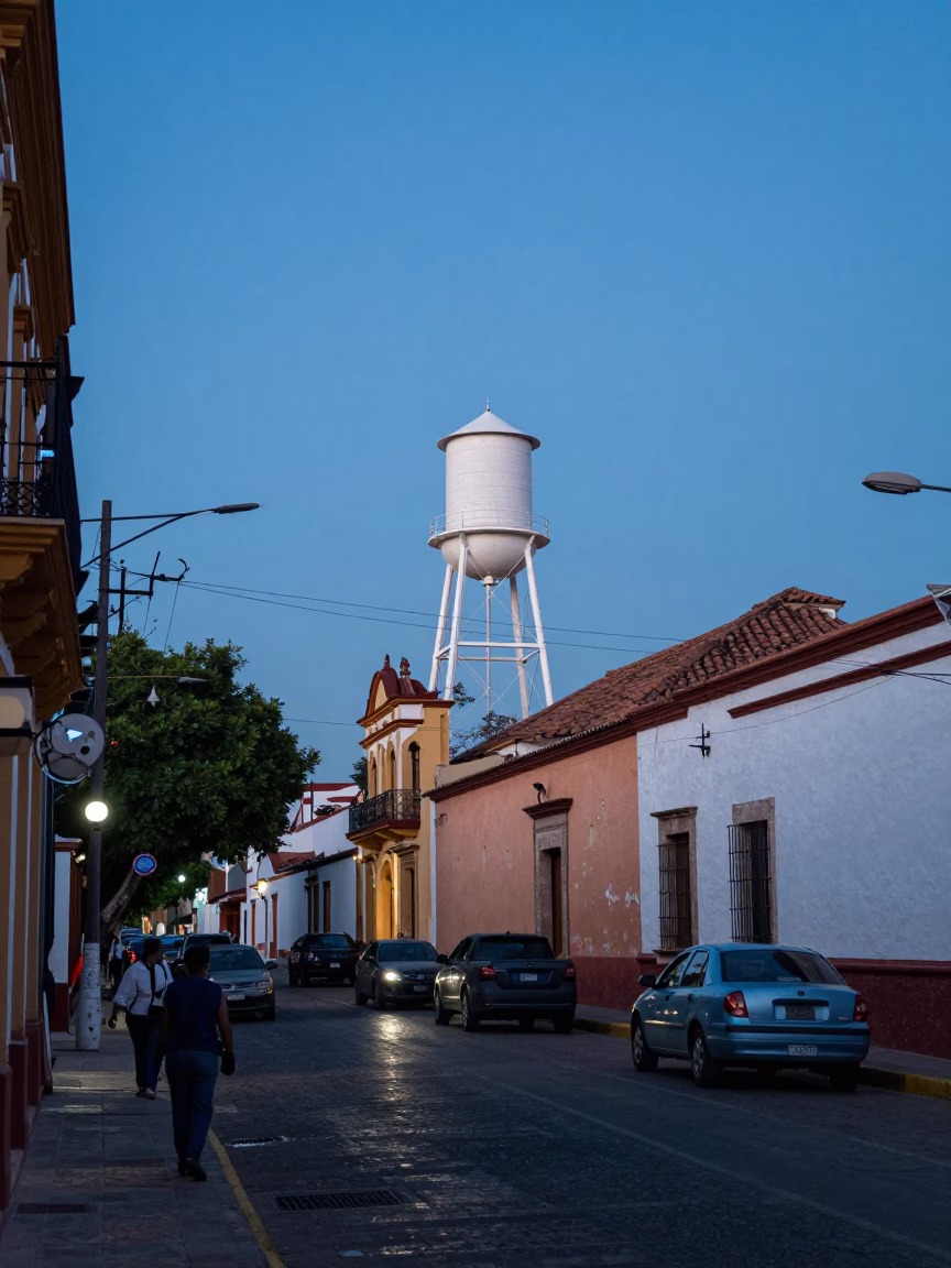 Merida Mexico Evening Street Scene with Water Tower and Hurricane Lamp in in Merida, Mexico