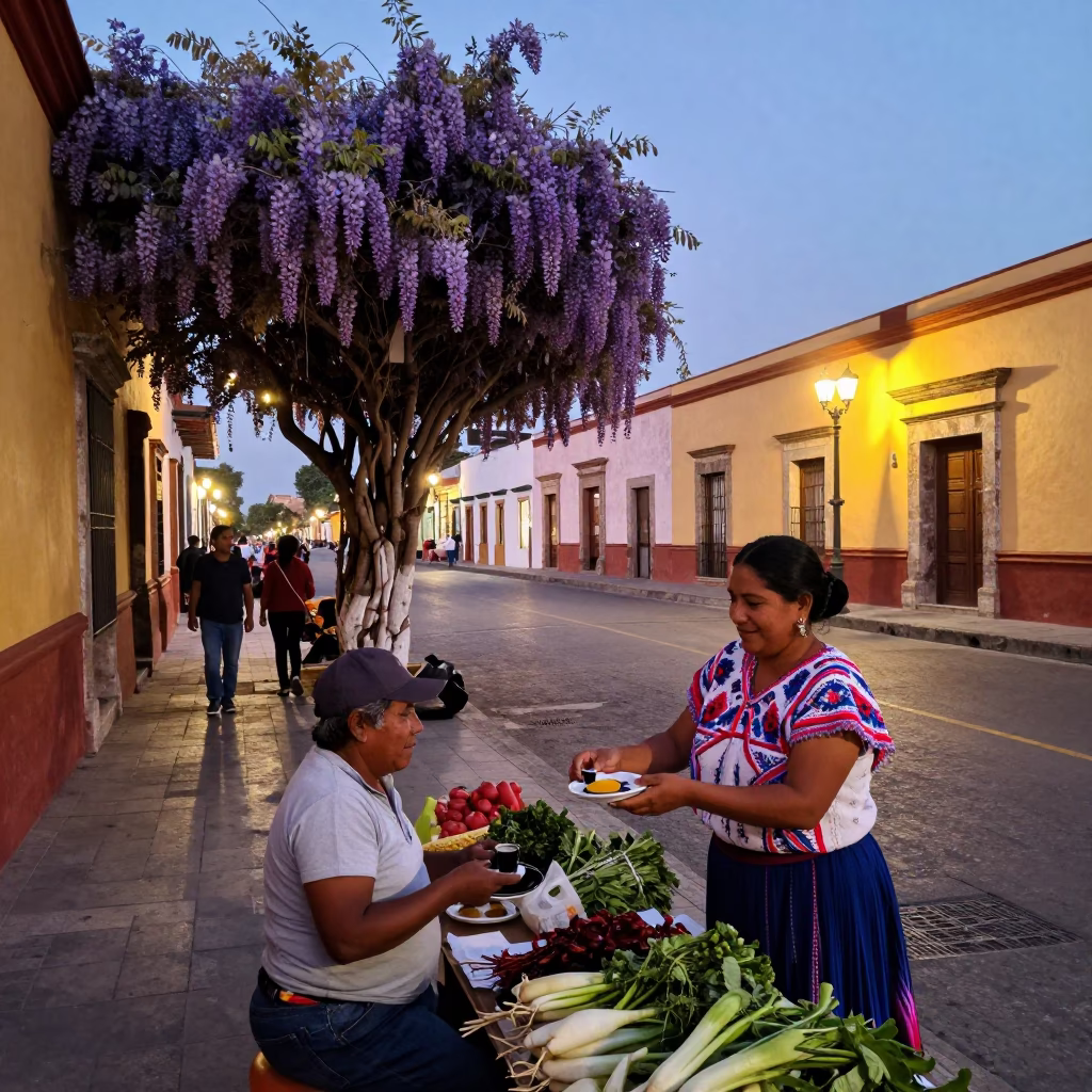 Merida Mexico Evening Street Scene with Wisteria and Local Life in in Merida, Mexico