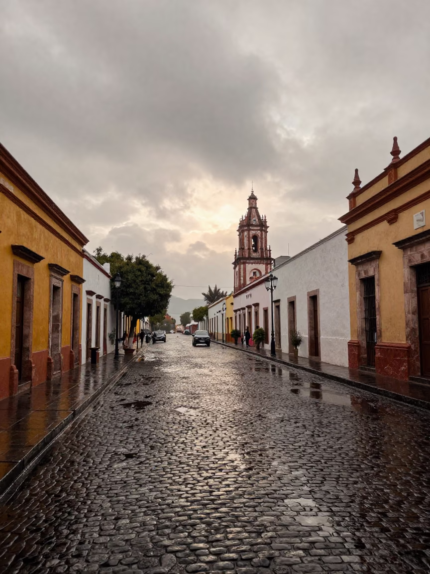 Merida Mexico First Light After Rain Wet Cobblestone Street Scene in in Merida, Mexico