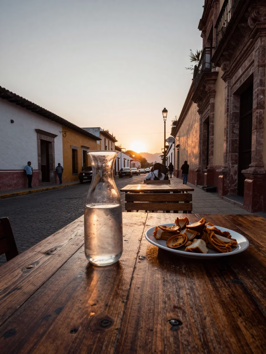 Merida Mexico Golden Hour Street Scene with Carafe and Local Life in in Merida, Mexico