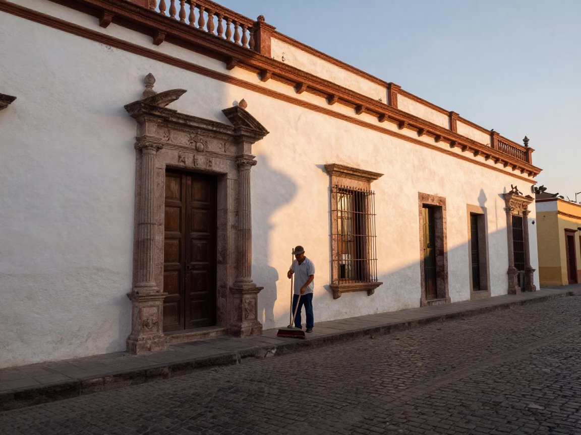 Merida Mexico Golden Hour Street Scene with Hand Broom and Colonial Architecture in in Merida, Mexico