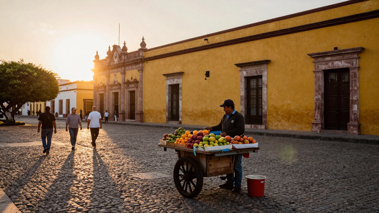 Merida Mexico Golden Hour Street Scene with Local Vendor and Pedestrians in in Merida, Mexico