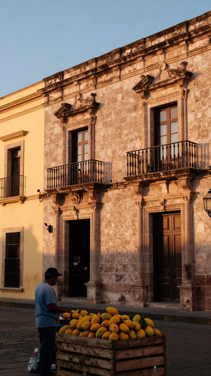 Merida Mexico Golden Hour Street Scene with Mangoes and Colonial Architecture in in Merida, Mexico