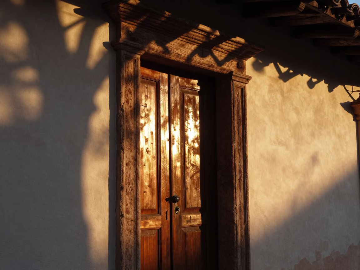Merida Mexico Golden Hour Sunlight Striking Colonial Doorframe and Wicker Shadows on Plaster Walls in in Merida, Mexico