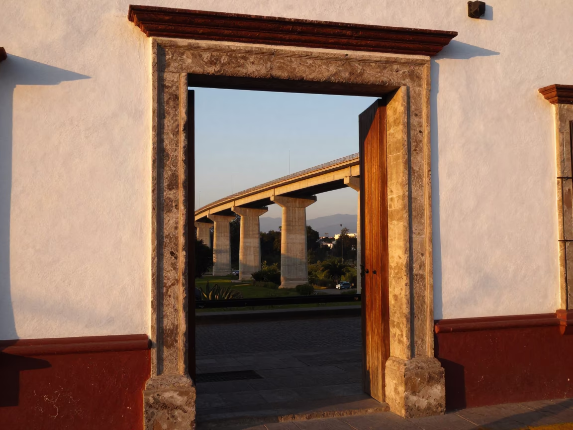 Merida Mexico Honeyed Evening Light Concrete Viaduct Doorframe Street Scene in in Merida, Mexico