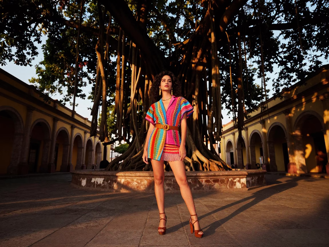 Merida Mexico Honeyed Evening Light Fashion Portrait in Colonial Plaza with Strangler Fig in in Merida, Mexico