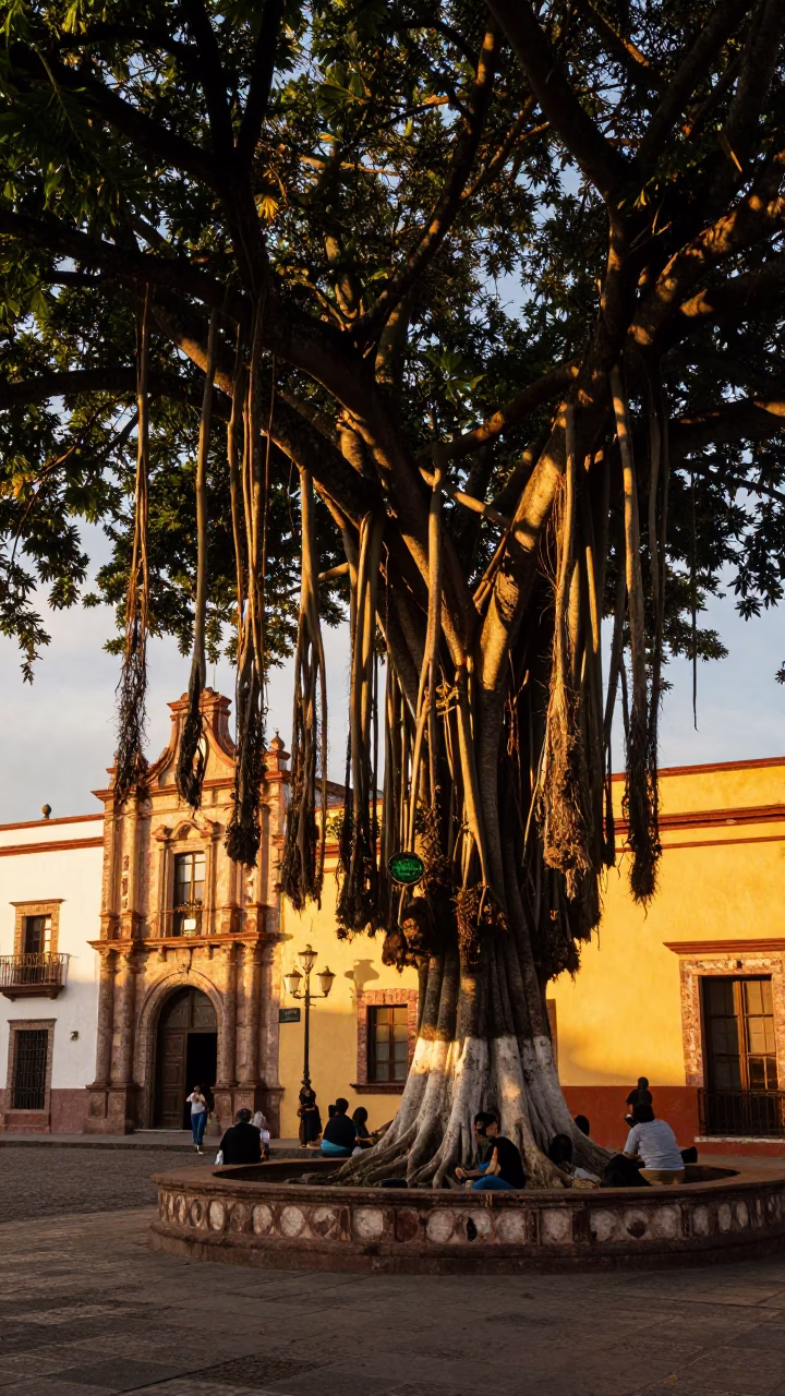 Merida Mexico Honeyed Evening Light Street Scene with Banyan Tree and Local Activity in in Merida, Mexico