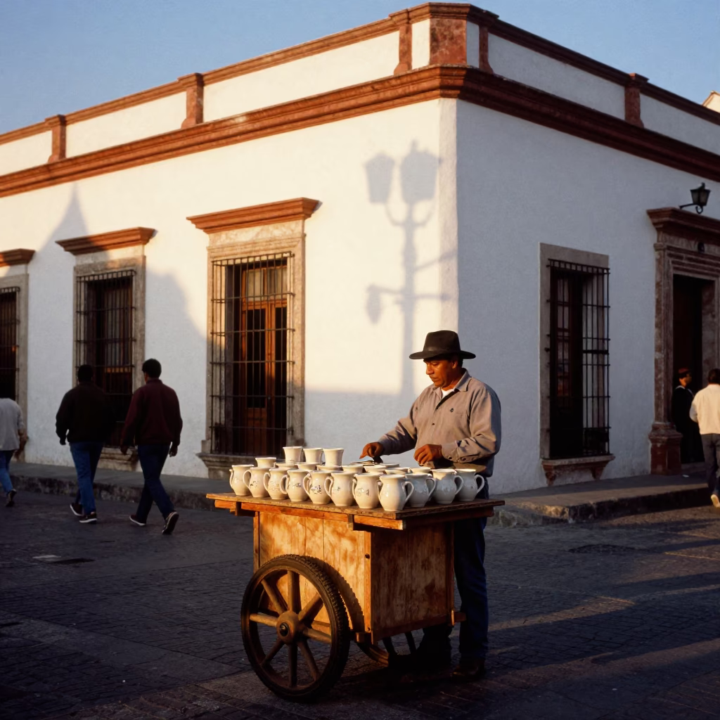 Merida Mexico Honeyed Evening Light Street Scene with Ceramic Mugs in in Merida, Mexico