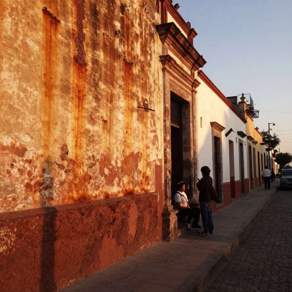 Merida Mexico Honeyed Evening Light Street Scene with Rusty Wall and Local Life in in Merida, Mexico