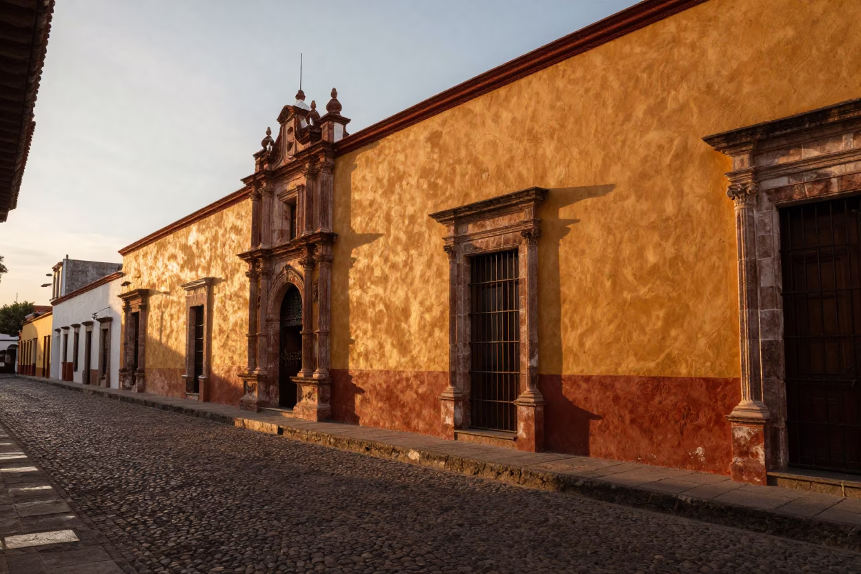 Merida Mexico Honeyed Evening Light Street Scene with Traditional Elements in in Merida, Mexico
