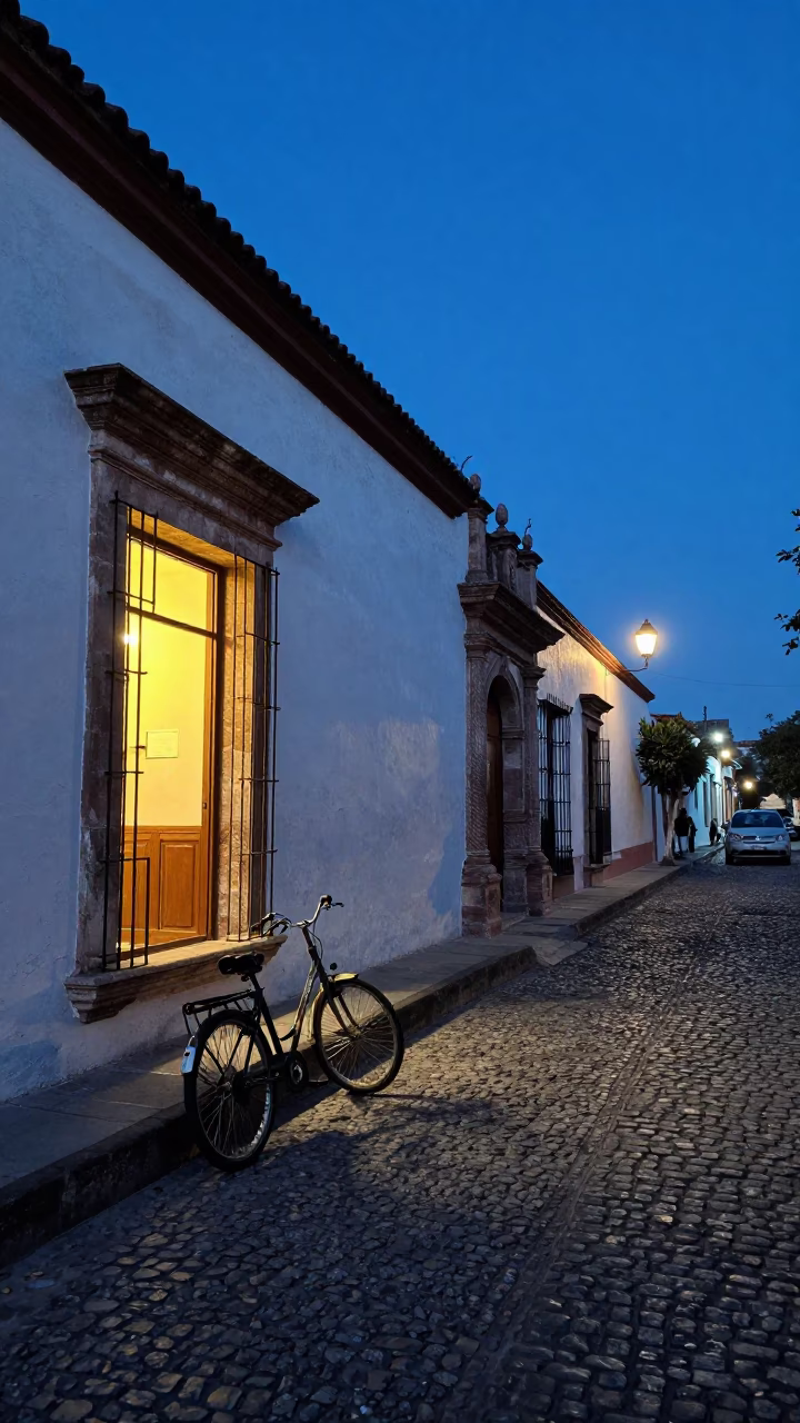 Merida Mexico indigo twilight street scene with bicycle and colonial architecture in in Merida, Mexico