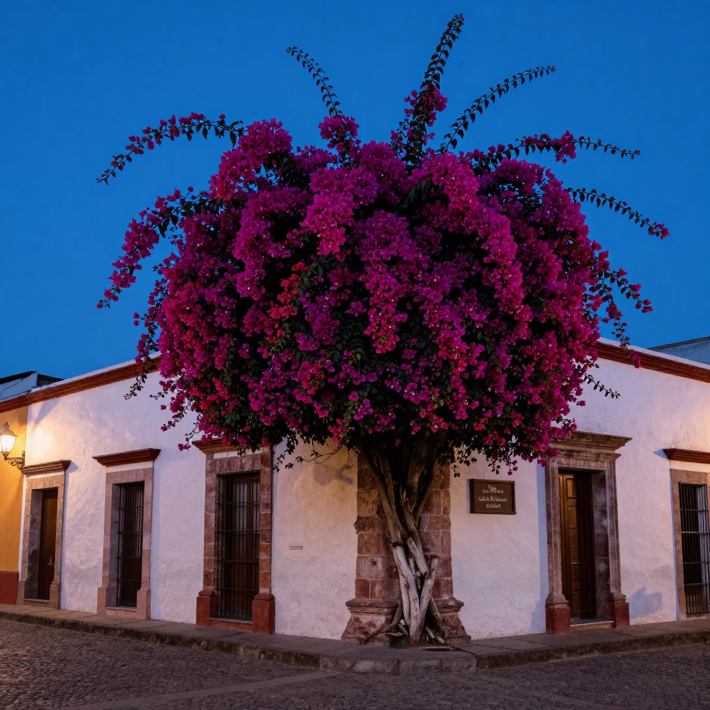 Merida Mexico Indigo Twilight Street Scene with Bougainvillea and Colonial Architecture in in Merida, Mexico