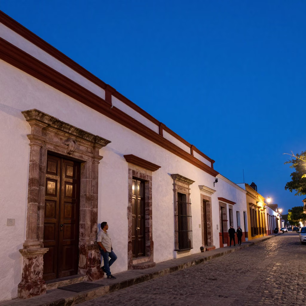 Merida Mexico indigo twilight street scene with colonial architecture and local life in in Merida, Mexico