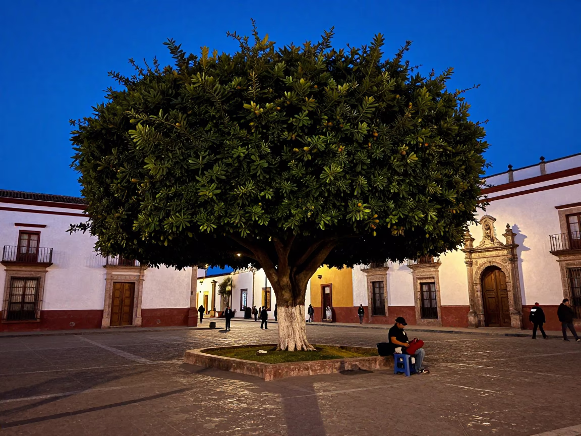 Merida Mexico indigo twilight street scene with fig tree and hurricane lamp in in Merida, Mexico