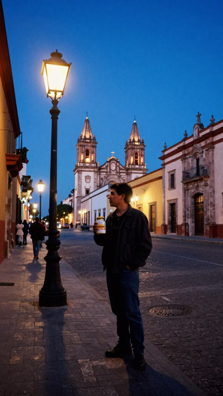 Merida Mexico indigo twilight street scene with jam jar and tourist in in Merida, Mexico