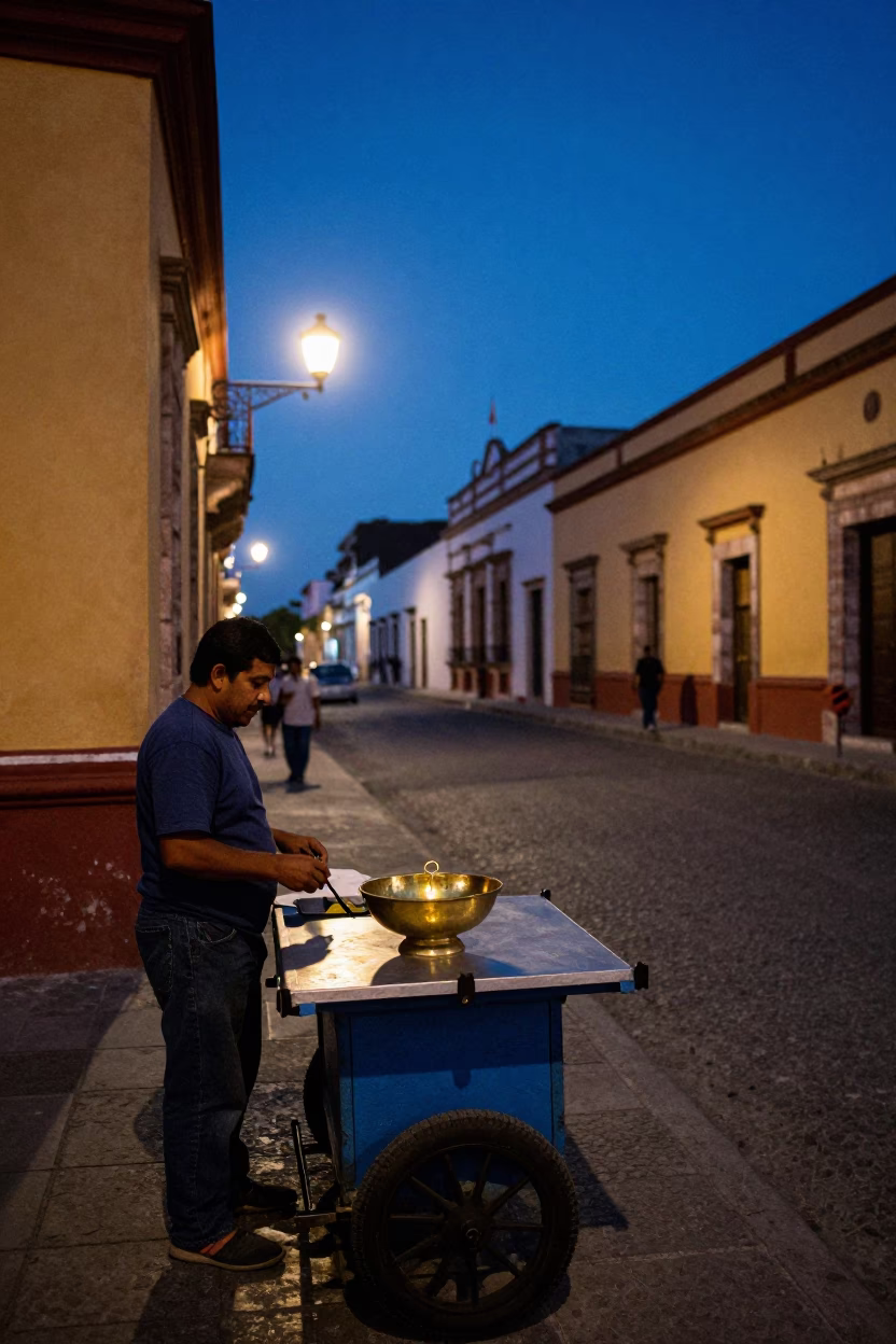 Merida Mexico Indigo Twilight Street Scene with Local Vendor and Key Bowl in in Merida, Mexico