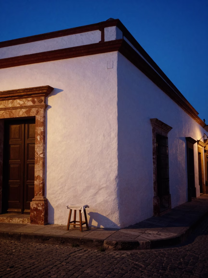 Merida Mexico Indigo Twilight Street Scene with Stool and Linen Details in in Merida, Mexico
