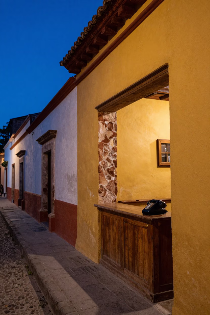 Merida Mexico Indigo Twilight Street Scene with Vintage Bakelite Telephone in in Merida, Mexico