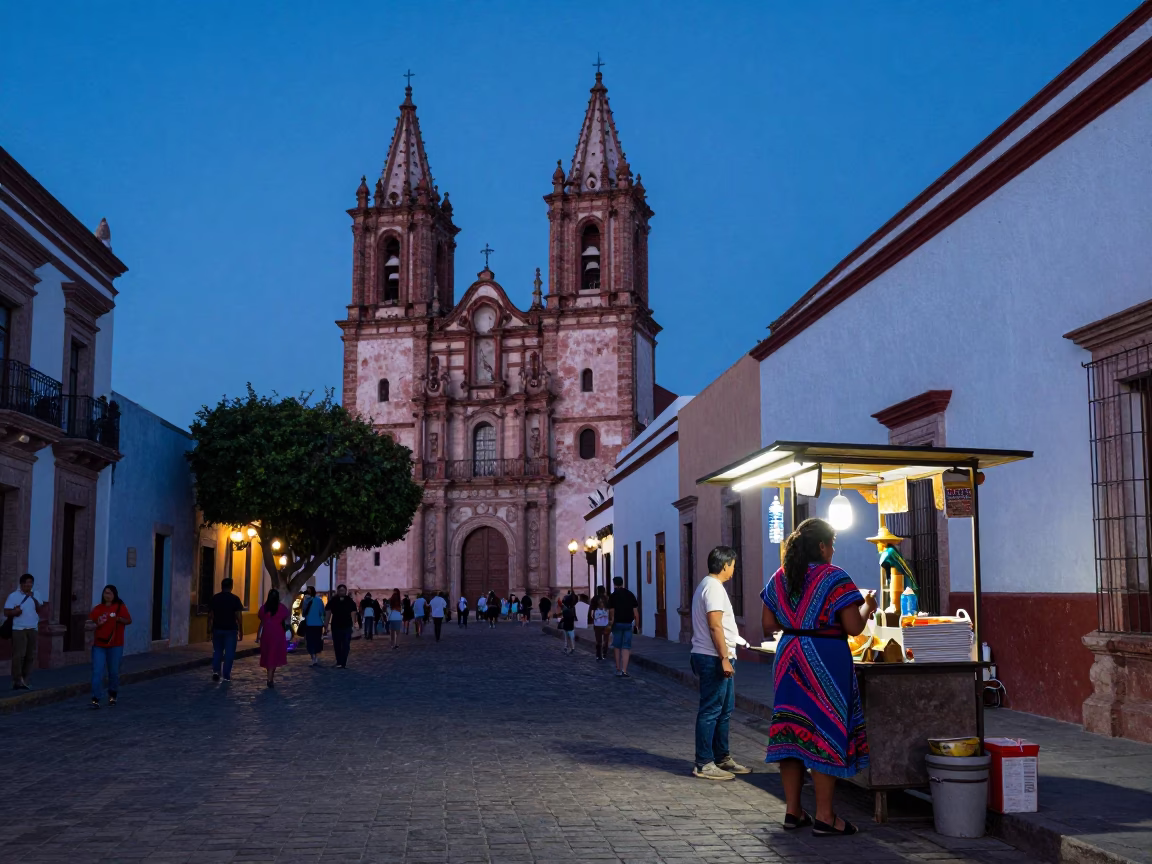 Merida Mexico Indigo Twilight Street Scene with Water Bottle and Basket Tray in in Merida, Mexico
