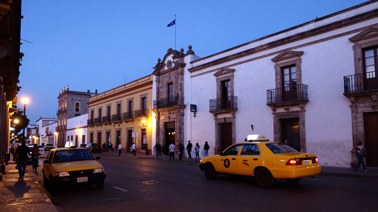 Merida Mexico Indigo Twilight Street Scene with Yellow Taxi and Local Activity in in Merida, Mexico