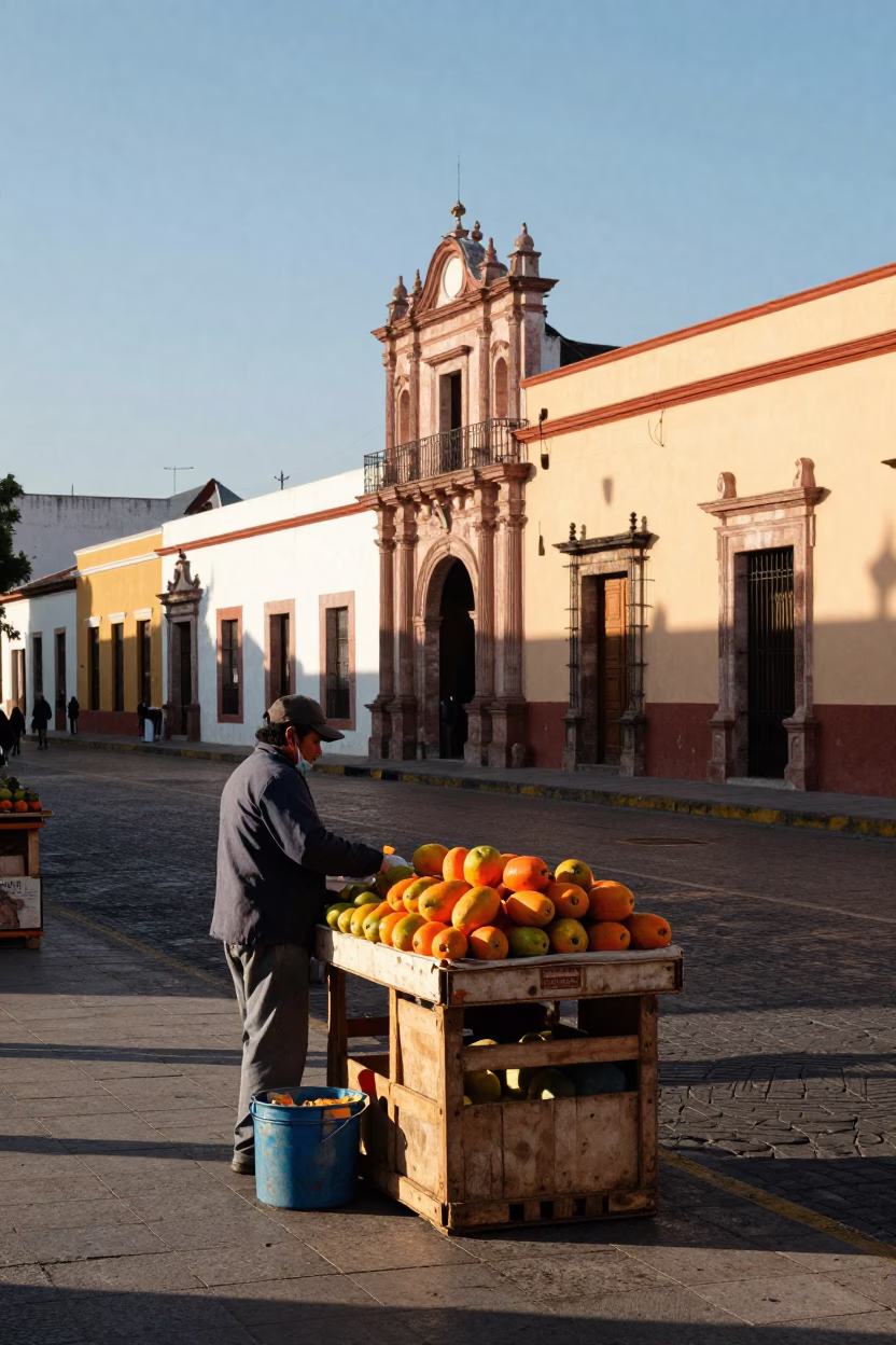Merida Mexico Late Afternoon Papaya Vendor Stalls and Colonial Architecture in in Merida, Mexico