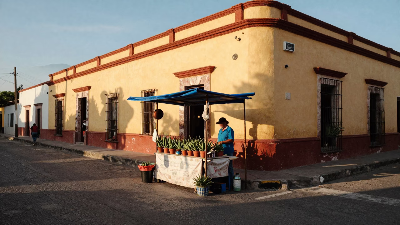 Merida Mexico Late Afternoon Street Scene with Aloe Vera Plantation and Local Market Activity in in Merida, Mexico