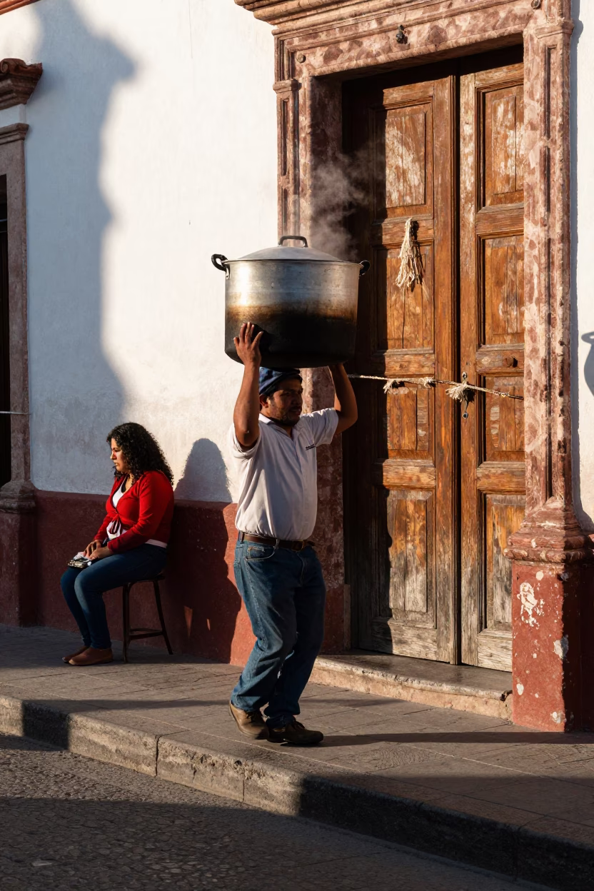 Merida Mexico Late Afternoon Street Scene with Cooking Pot and Twine Latch Details in in Merida, Mexico