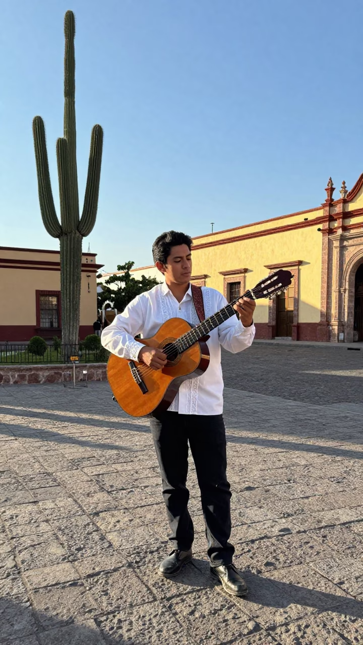 Merida Mexico Late Afternoon Street Scene with Guitar and Saguaro Cactus in in Merida, Mexico