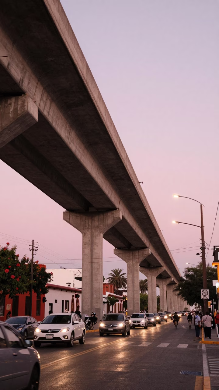 Merida Mexico Late Afternoon Street Scene with Highway Flyover and Colonial Architecture in in Merida, Mexico