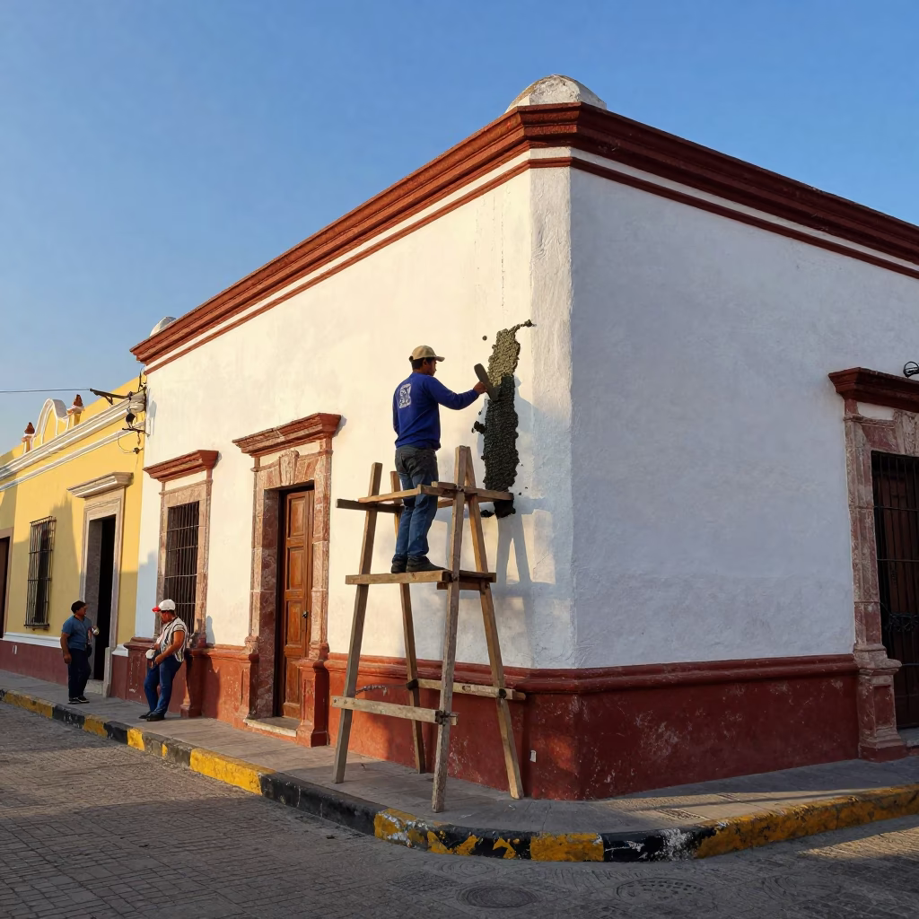 Merida Mexico Late Afternoon Street Scene with Masons and Local Life in in Merida, Mexico