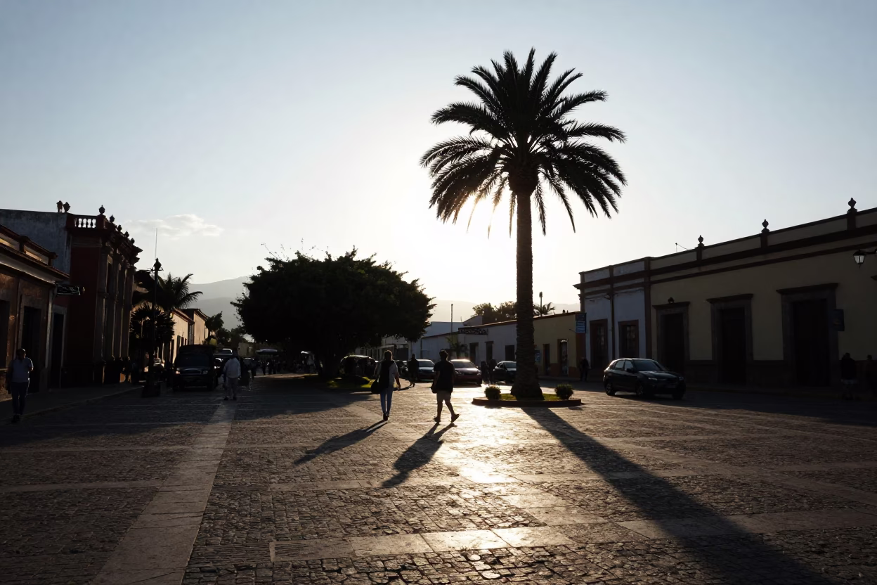 Merida Mexico Late Afternoon Street Scene with Palm Tree Silhouette and Local Market Activity in in Merida, Mexico