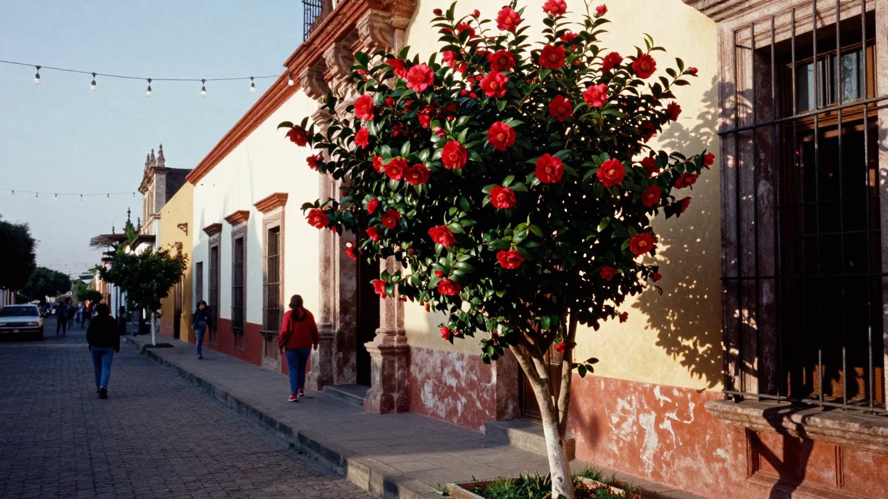 Merida Mexico Late Afternoon Street Scene with Red Camellia and String Lights in in Merida, Mexico