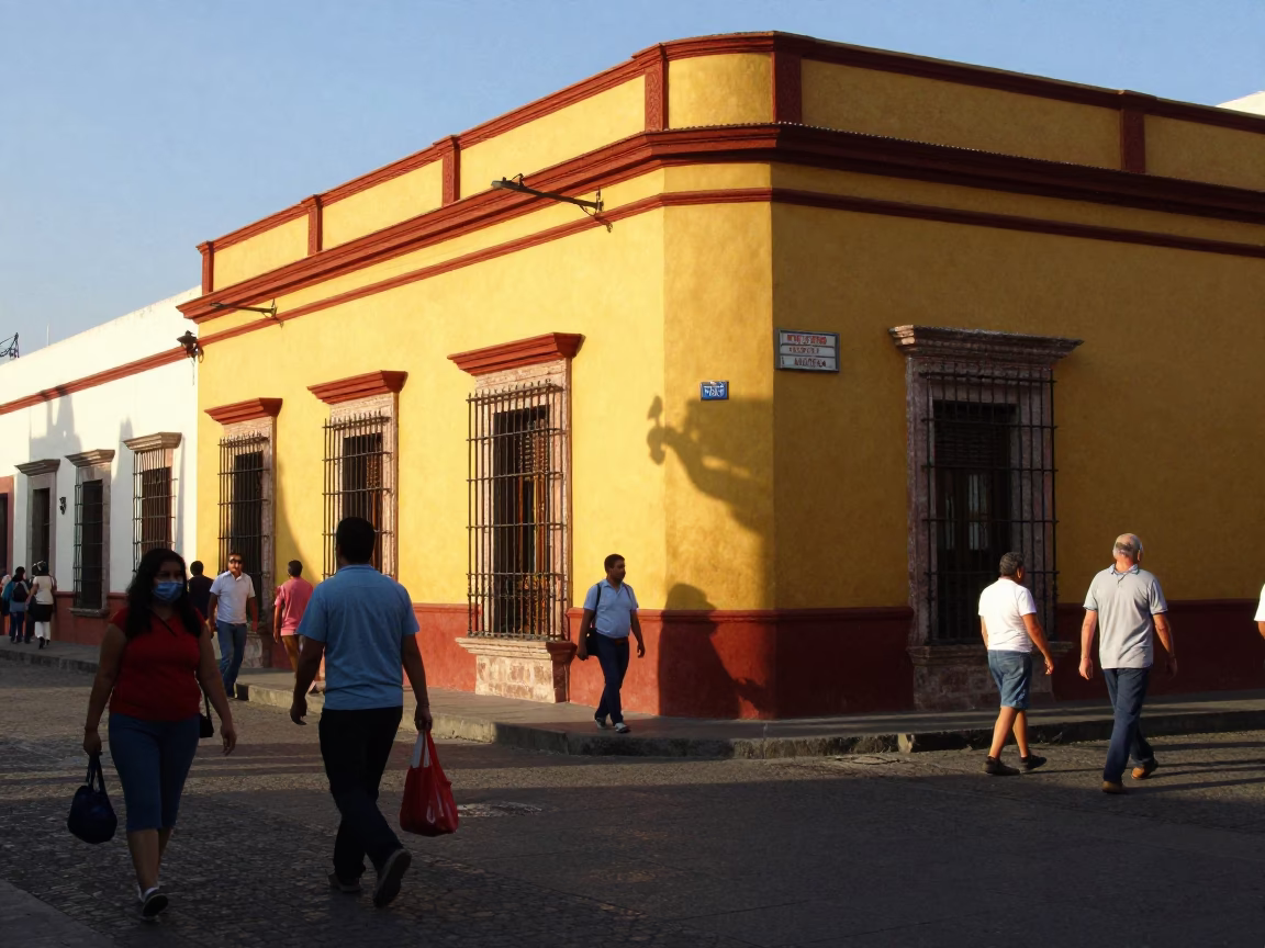 Merida Mexico Late Afternoon Street Scene with Yellow Facade and Local Pedestrians in in Merida, Mexico