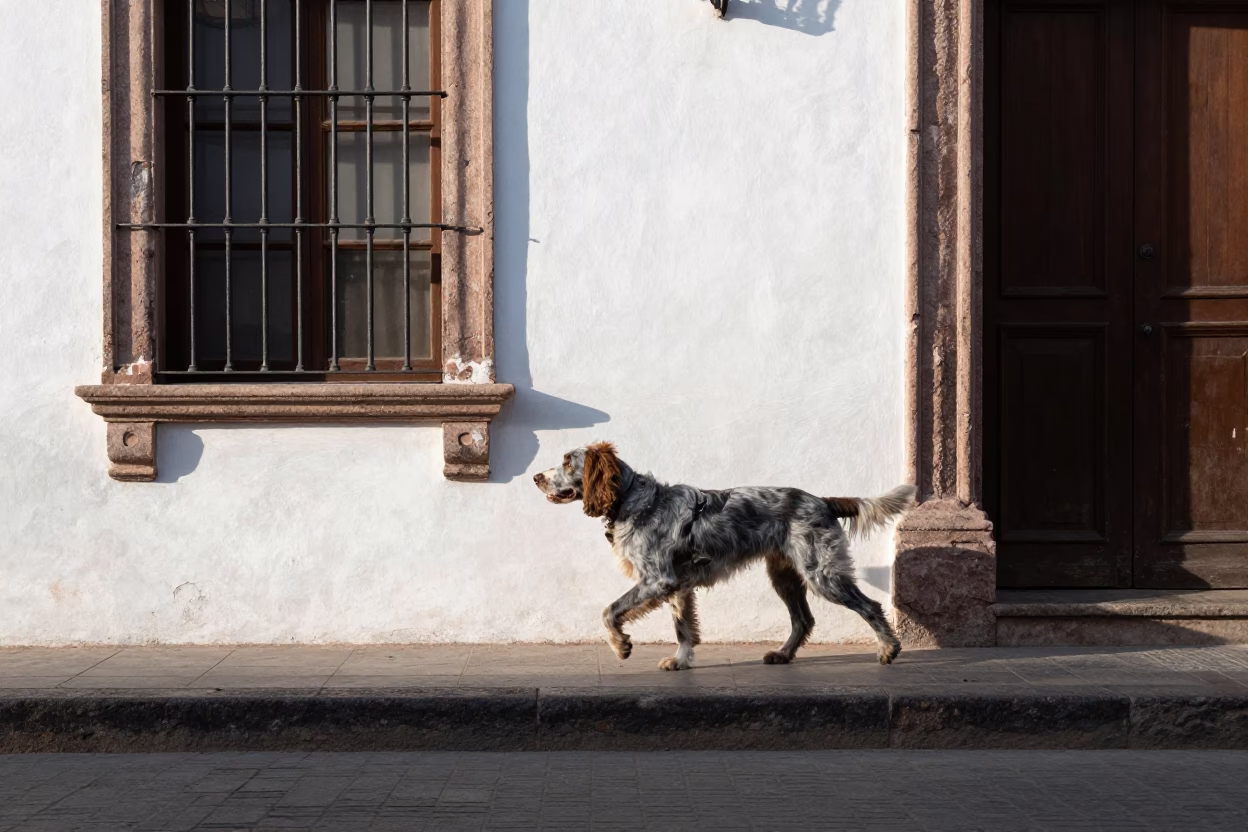 Merida Mexico Late Morning Street Scene with Blue Picardy Spaniel and Local Coffee Mug in in Merida, Mexico