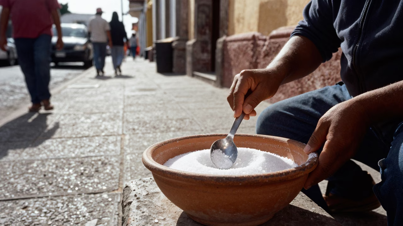 Merida Mexico Late Morning Street Scene with Salt Spoon and Date Palm in in Merida, Mexico