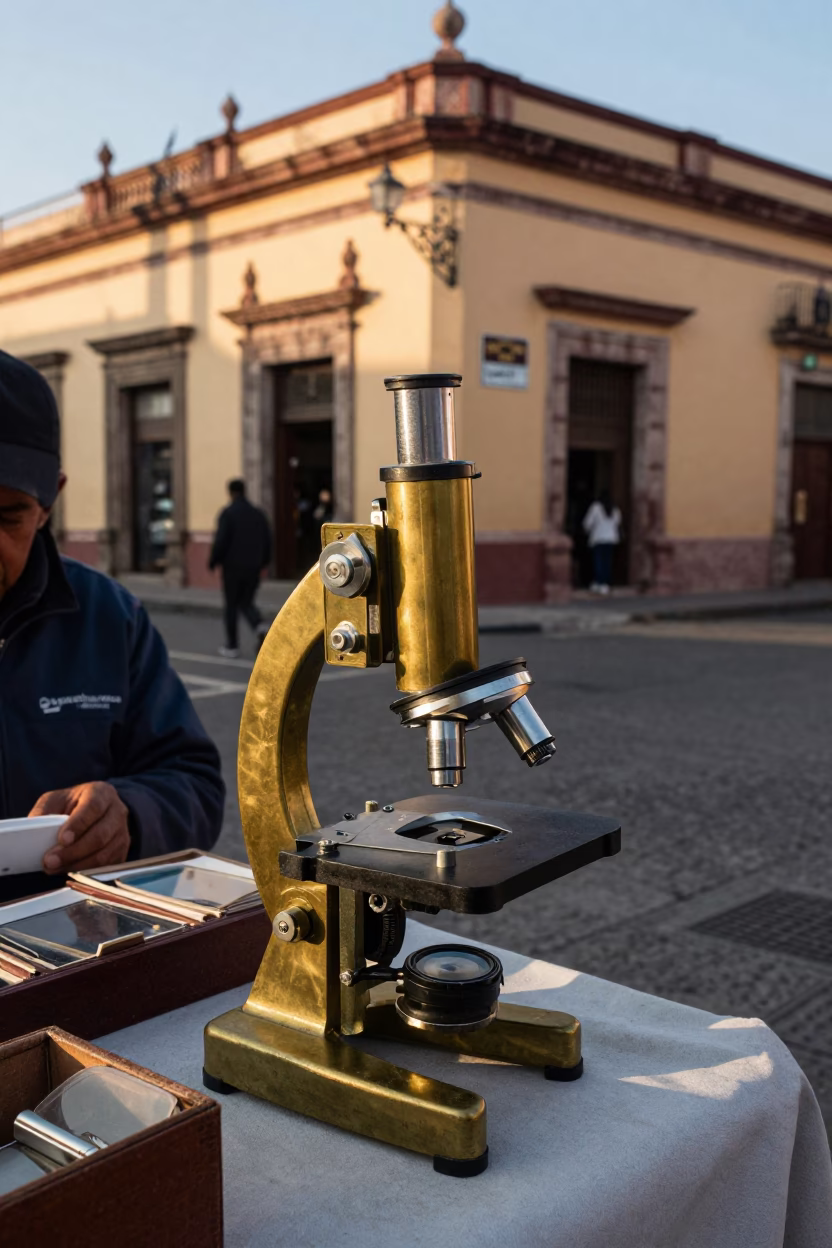 Merida Mexico Late Morning Street Scene with Vintage Brass Microscope and Canister Set in in Merida, Mexico