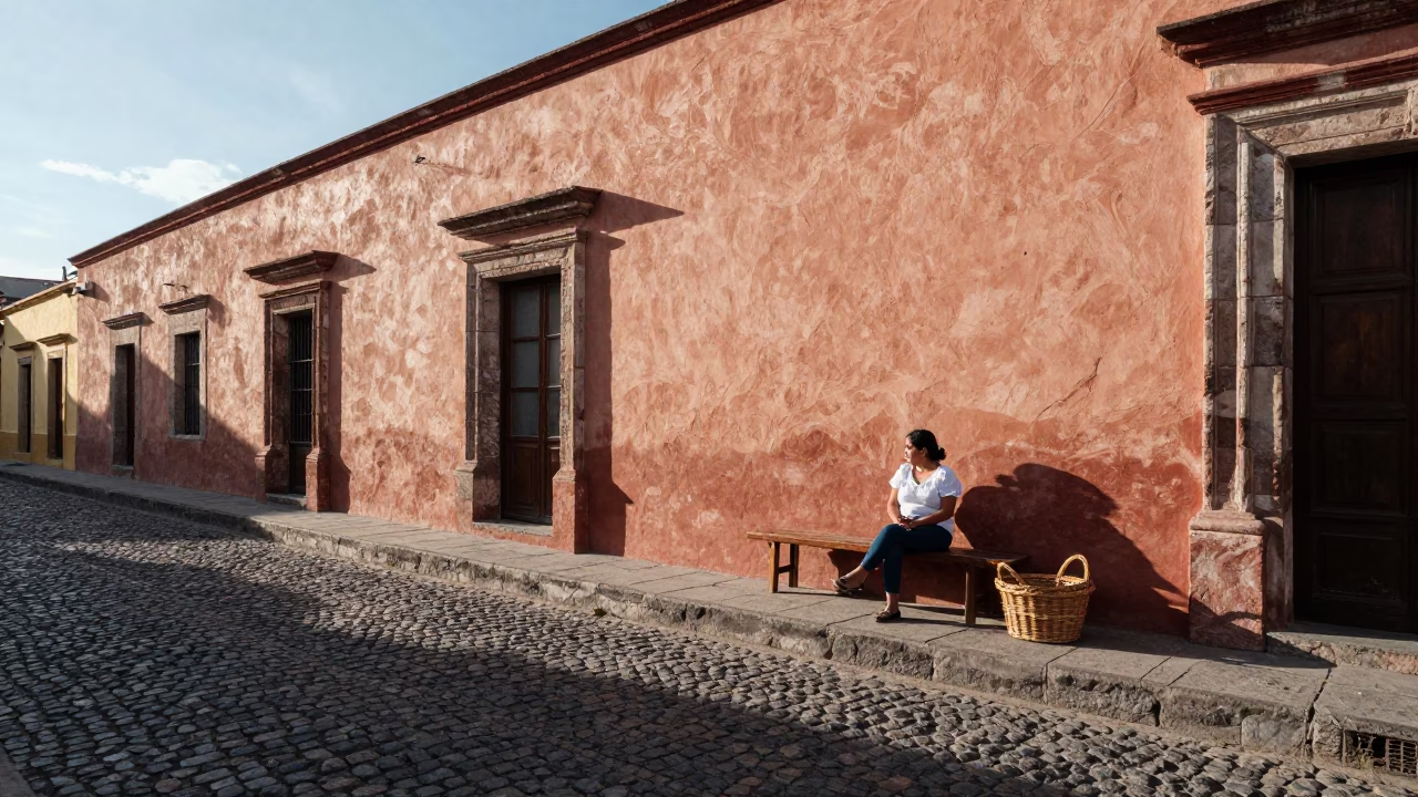 Merida Mexico Late Morning Street Scene with Wicker Hamper and Pot Lid in in Merida, Mexico