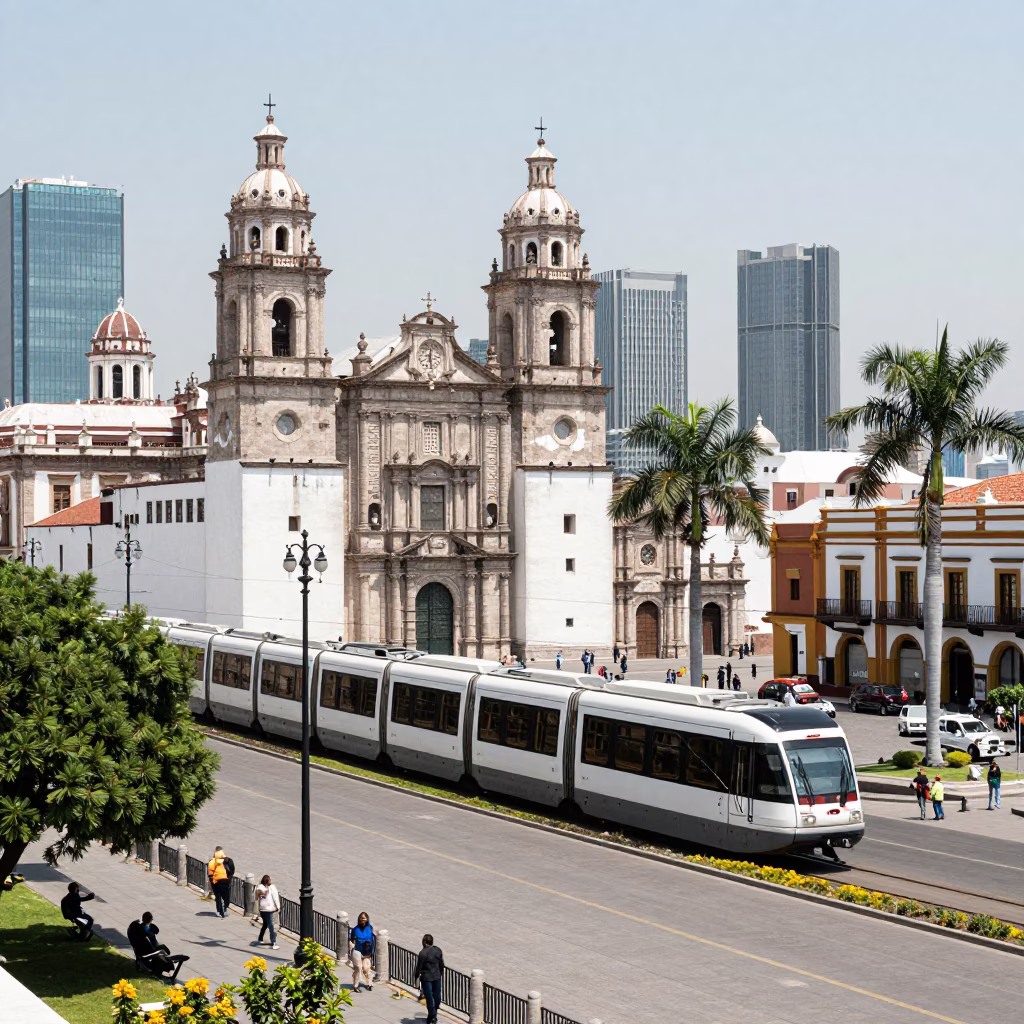 Merida Mexico Midday Street Scene with Monorail and Colonial Architecture in in Merida, Mexico