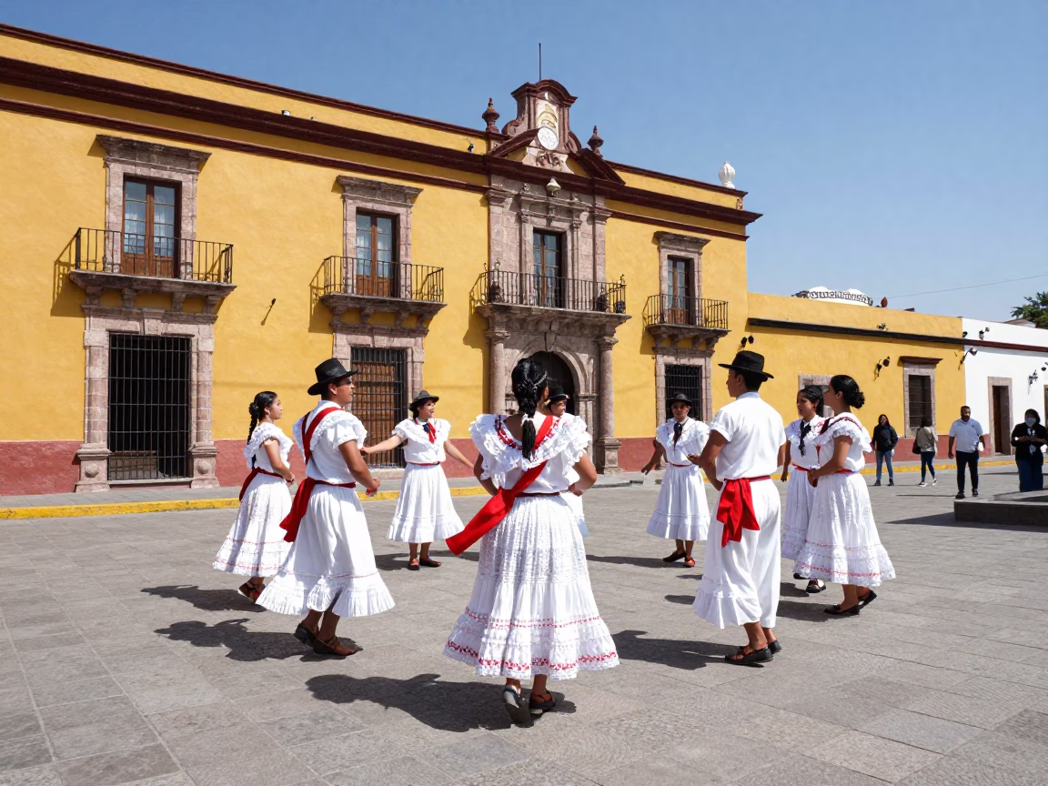 Merida Mexico Midday Street Scene with Traditional Folk Dance in Plaza in in Merida, Mexico