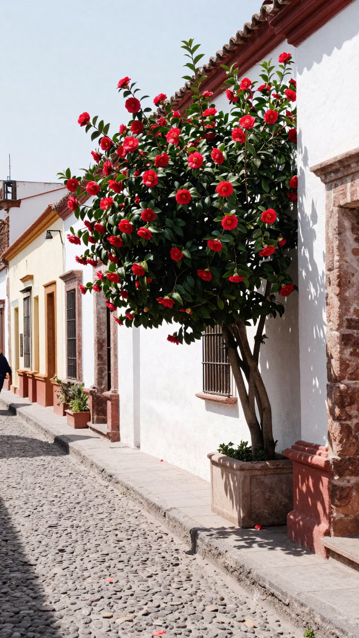 Merida Mexico Midmorning Street Scene with Camellia Shrub and Latch Details in in Merida, Mexico