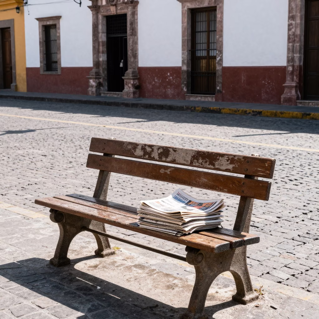 Merida Mexico Midmorning Street Scene with Newspaper Stack and Condensation on Bench Slat in in Merida, Mexico