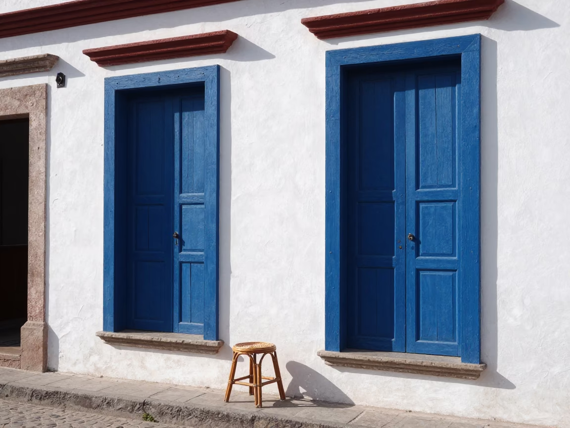 Merida Mexico Midmorning Street Scene with Rattan Stool and Polished Brass Drain Detail in in Merida, Mexico