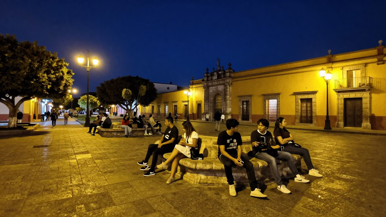 Merida Mexico Midnight Street Scene with Ledger and Harmonica in Plaza in in Merida, Mexico