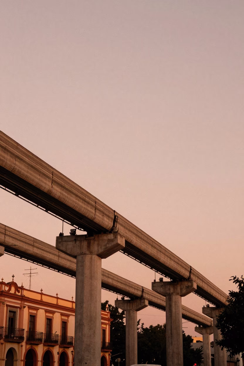 Merida Mexico Monorail Track and Colonial Architecture in Copper Toned Dusk Light in in Merida, Mexico