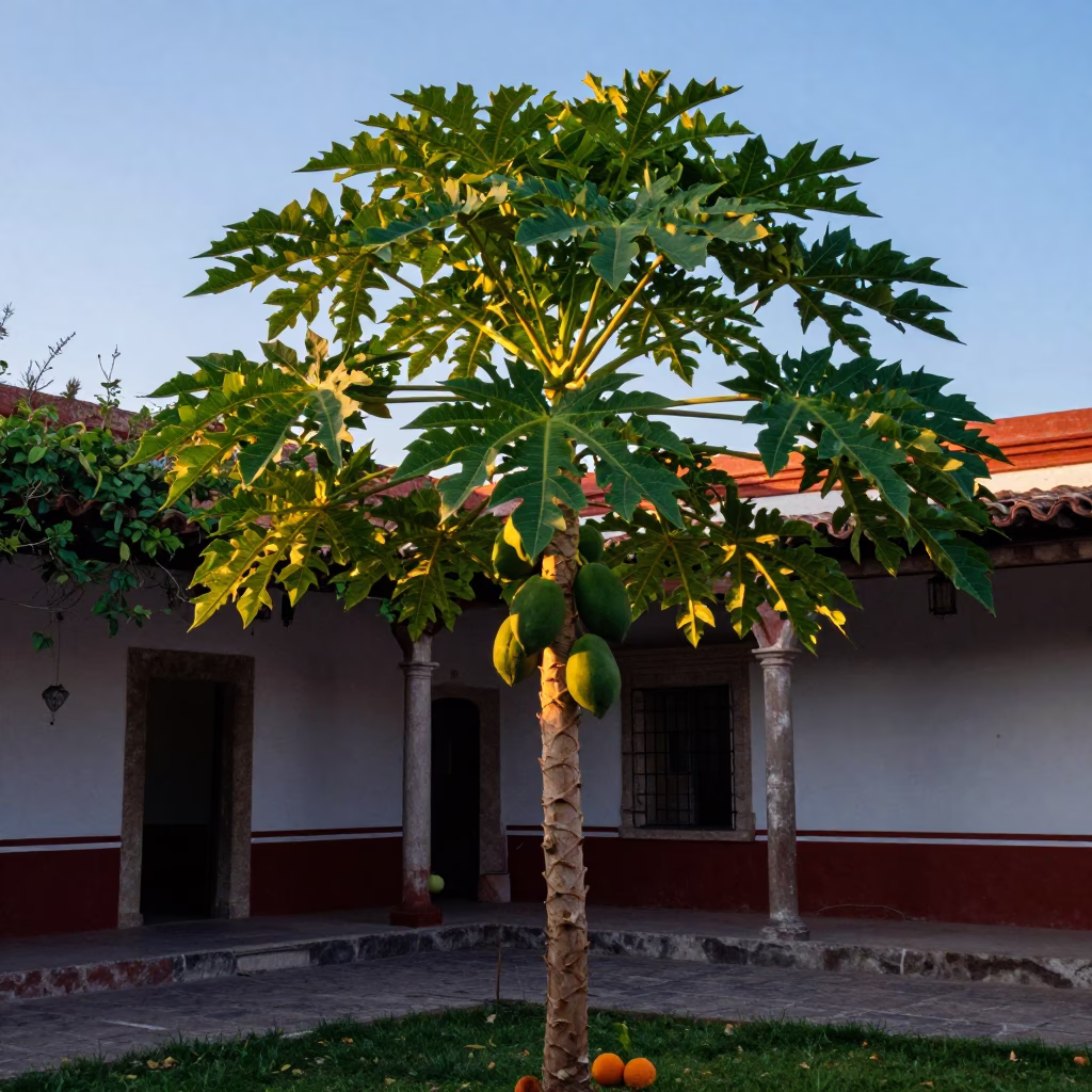 Merida Mexico Morning Light on Papaya Tree and Oranges Before Sunrise in in Merida, Mexico